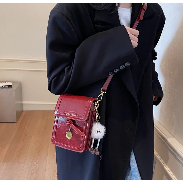 Women's Burgundy Crossbody Bag 2025 Fashion New PU Leather Square Texture Glossy Shoulder Packs Versatile Phone Lipstick Bags