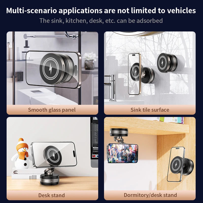 15W Metal Vacuum Suction Magnetic Wireless Charger Mount 360° Rotatable Compatible with  Smartphones, for Car Gym Bathroom Mirro