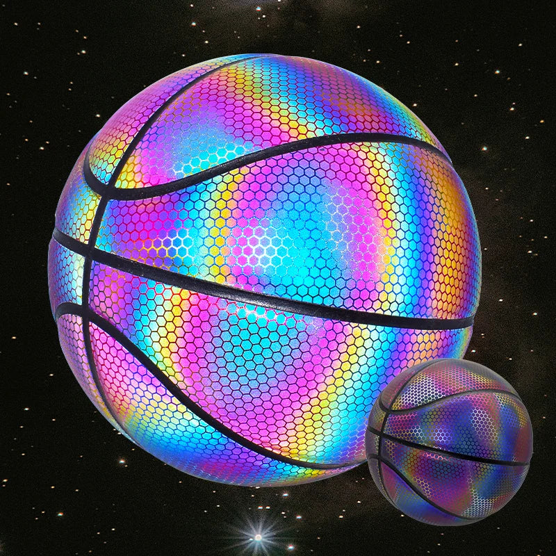 Size 7 PU Luminous Basketball Ball Holographic Reflective Lighted Flash Ball Wear-Resistant Glowing Basketball Night Sports Game