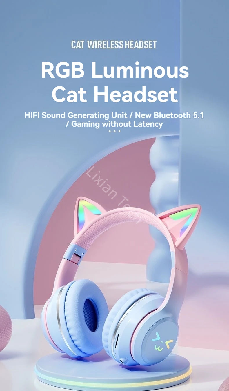 Flash Light Pink Cute Cat Ear Headphones Wireless Bluetooth Earphone Over-ear Noise Cancelling Folding Headset Girl Gift Earbuds