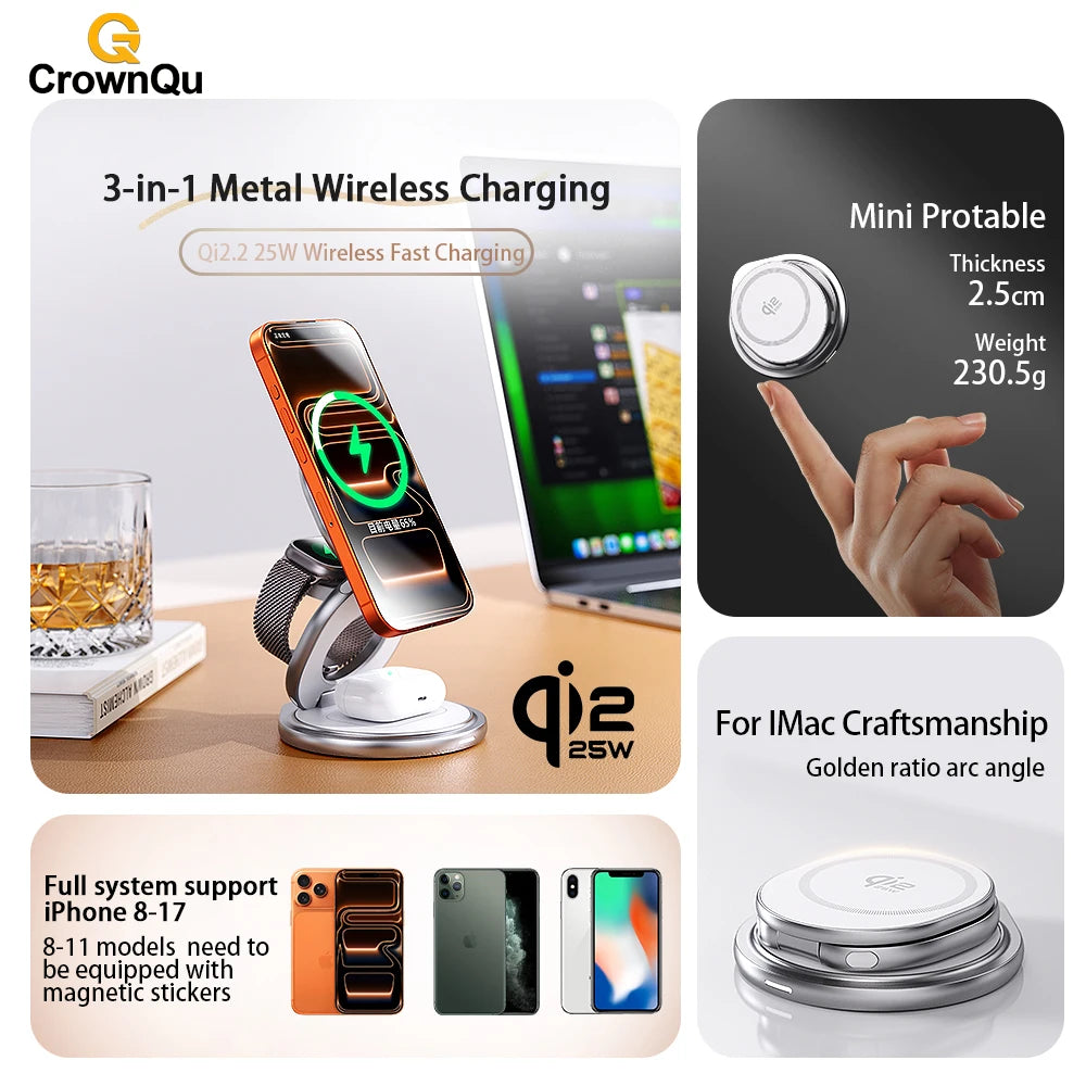 Qi2.2 3-in-1 Metal Magnetic Wireless Charger 25W Fast Charging Station 360° Rotation Foldable for iPhone 17 16 15 Watch Airpods