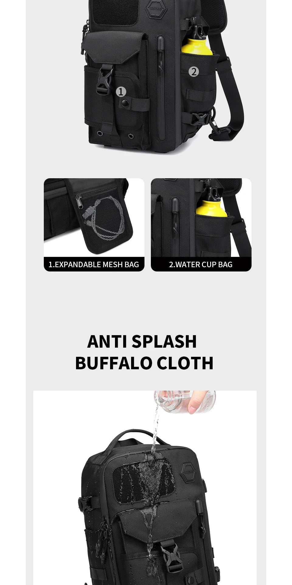 OZUKO Large Capacity Shoulder Bags for Male Waterproof Chest Bag Tactical Sling Messenger Bags Men Outdoor Sports Crossbody Bag