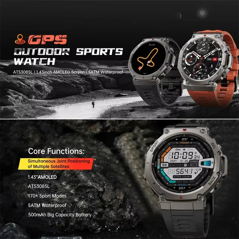 Smart Watch For T-Rex 3 GPS Smartwatch AMOLED Touch Screen 5ATM Outdoor Compass Smart Fitness Sport Monitor Men Watch ForXiaomi