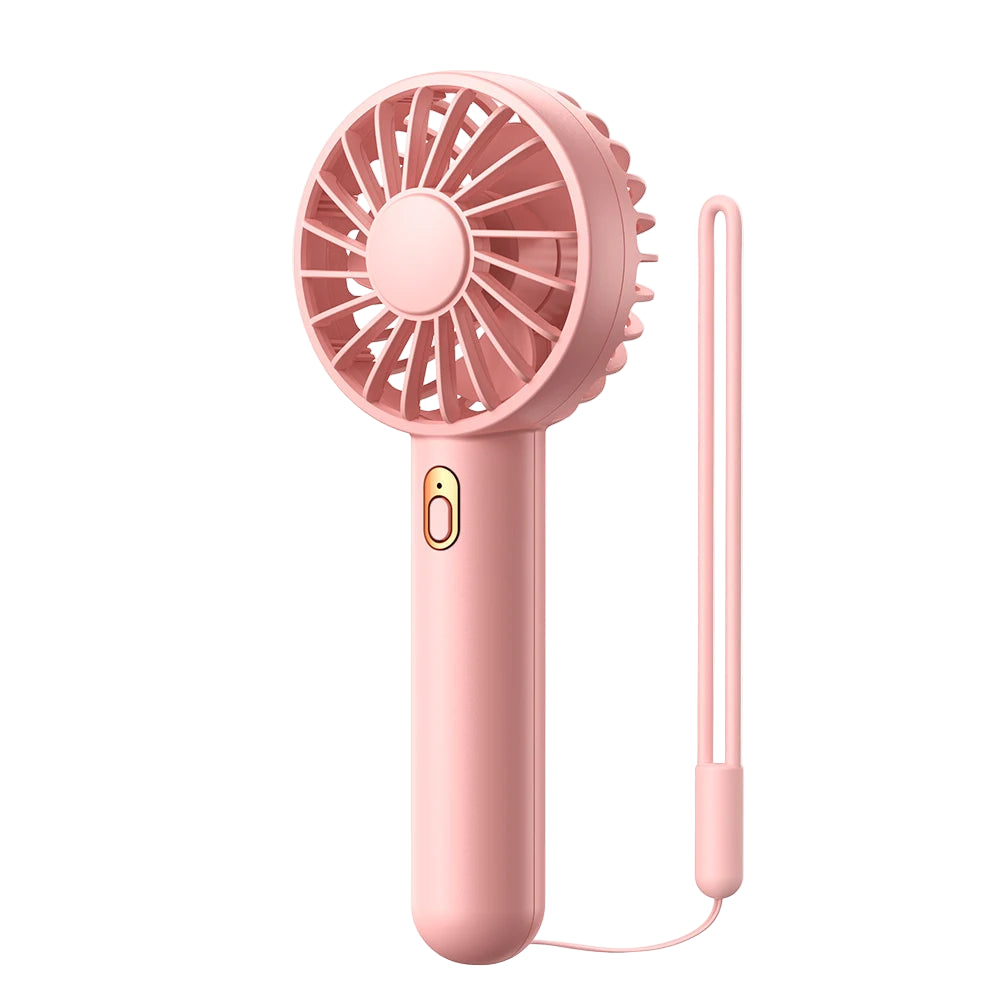 Pink handheld fan with a visible brand logo on a white background