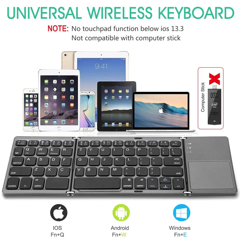 Portable Mini Three Folding Wireless Bluetooth Keyboard Foldable Touchpad Keypad for IOS Android Windows ipad Tablet Laptop