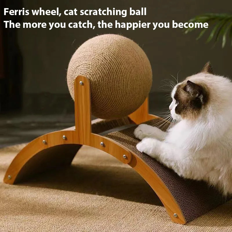 2In1 Arched Cat Scratching Pad Wooden Scratching Post with Cat Ball Wear-Resistant Chew Toy for Pets Scratch Board