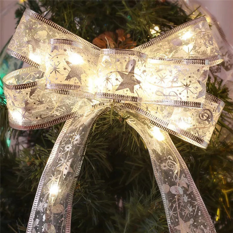 Christmas Ribbon Fairy Light Christmas Decoration DIY Bows String Light Tree Ornaments For Home 2024 Xmas Decor New Year Navidad