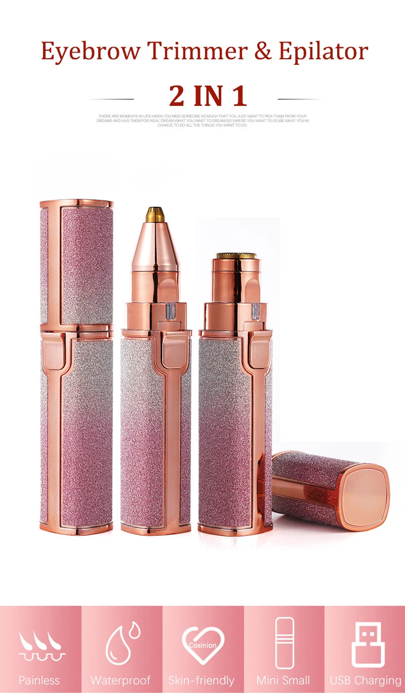 2 IN 1 Rechargeable Epilator Electric Eyebrow Trimmer Female Body Facial Lipstick Shape Hair Removal Mini Painless Razor Shaver