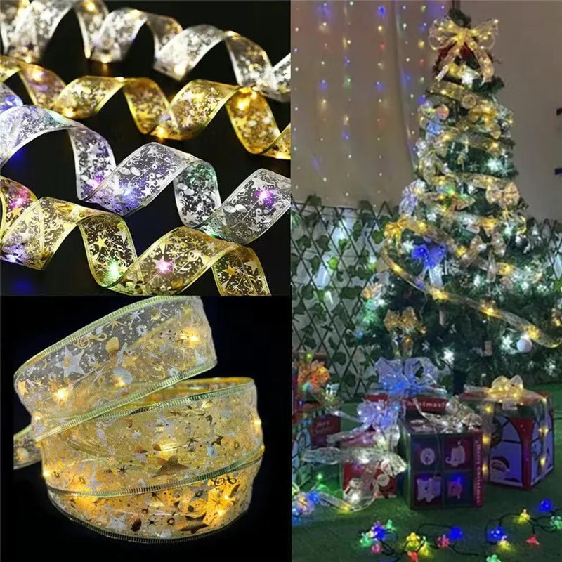 Christmas Ribbon Fairy Light Christmas Decoration DIY Bows String Light Tree Ornaments For Home 2024 Xmas Decor New Year Navidad