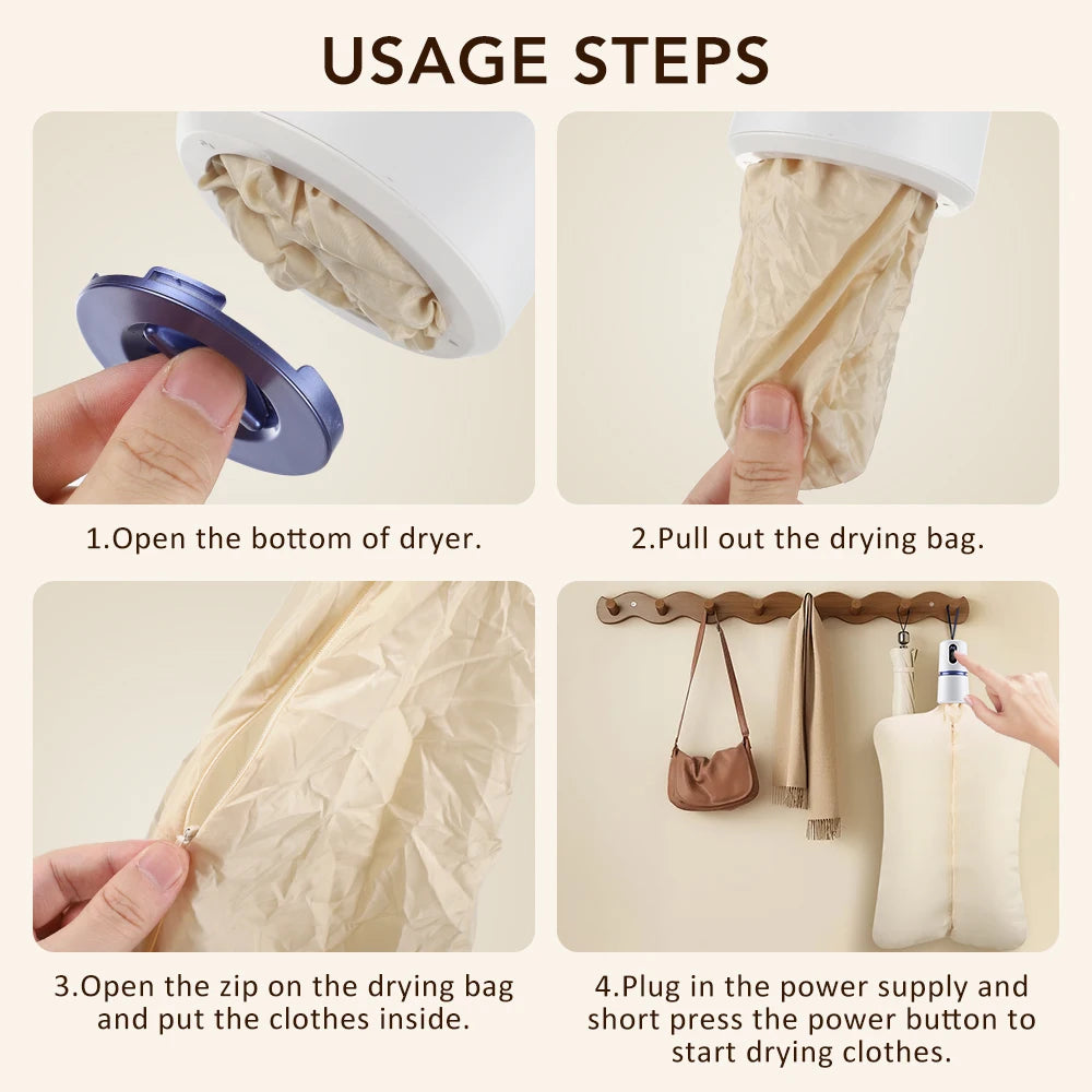 Portable Clothes Dryer Small Quiet Clothing Fast-Drying Machine Adjustable Timer Mini Laundry Dryer Foldable Drying Machine