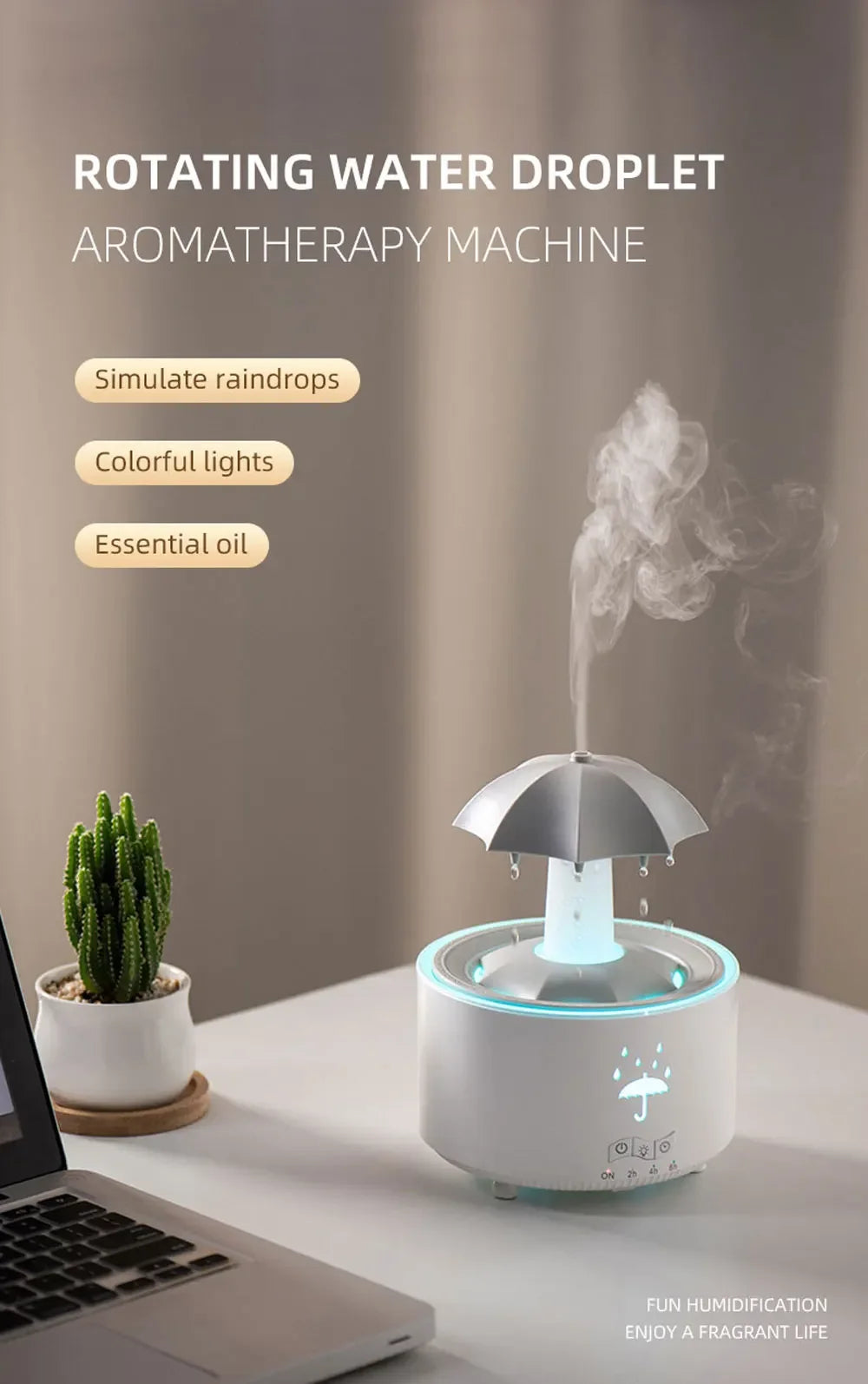 Cloud Rain Rotating Umbrella Water Drop Aromatherapy Machine Air Humidifier Diffuser Fountain Water Drop 7-Color LED Night Light