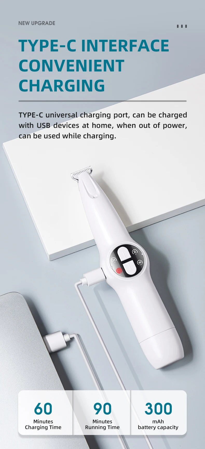 Pet electric clipper with LED lights, foot hair trimmer, professional dog and cat care products, USB rechargeable nail clippers