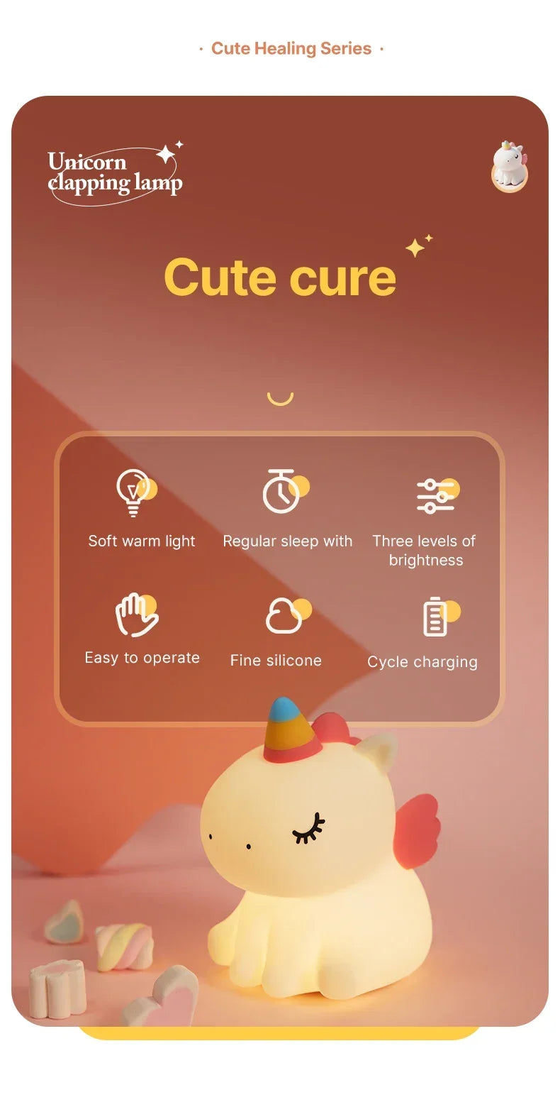 Cartoon Unicorn Night Lamp Soft Silicone Pat Light Warm Light Eye Protection Night Reading Lamp Desktop Kid's Room Decoration