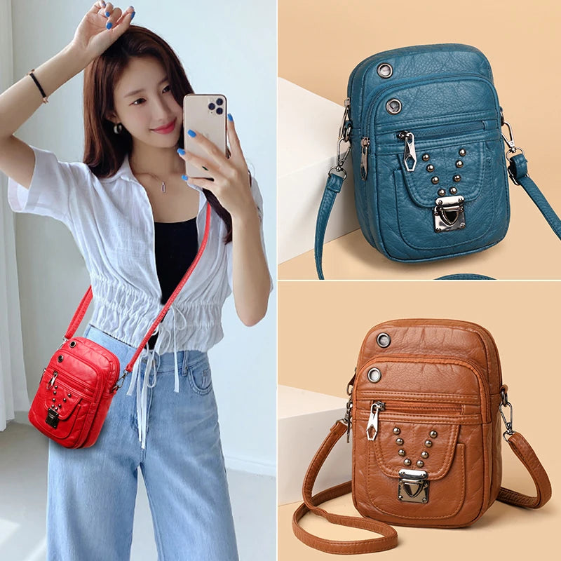 Mobile Phone Bag for Women 2024 New Fashion Soft Leather Diagonal Straddle Small Bag Multi layered Mini Zero Wallet Versatile Li