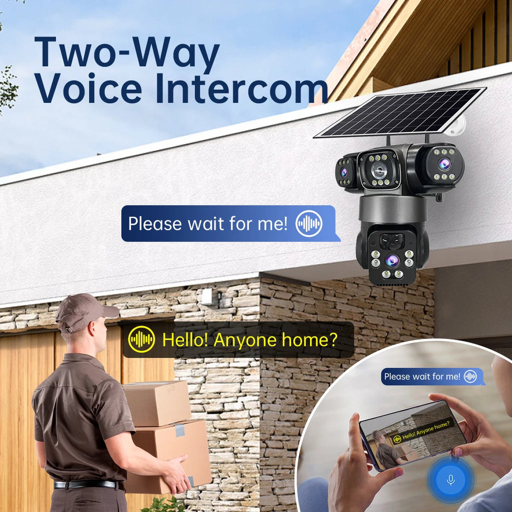 WiFi Solar Camera Three Lenses Outdoor 15MP 8K HD Low Power Battery IP Camera PIR Night Vision V380 Pro CCTV Security Protection