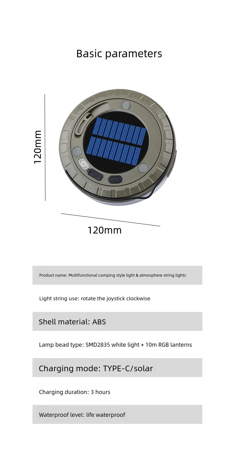 Solar Lights Outdoor Camping Light 10meter String Light Outdoor Tent Light RGB Atmosphere Light LED Flashlight with Hook ﻿