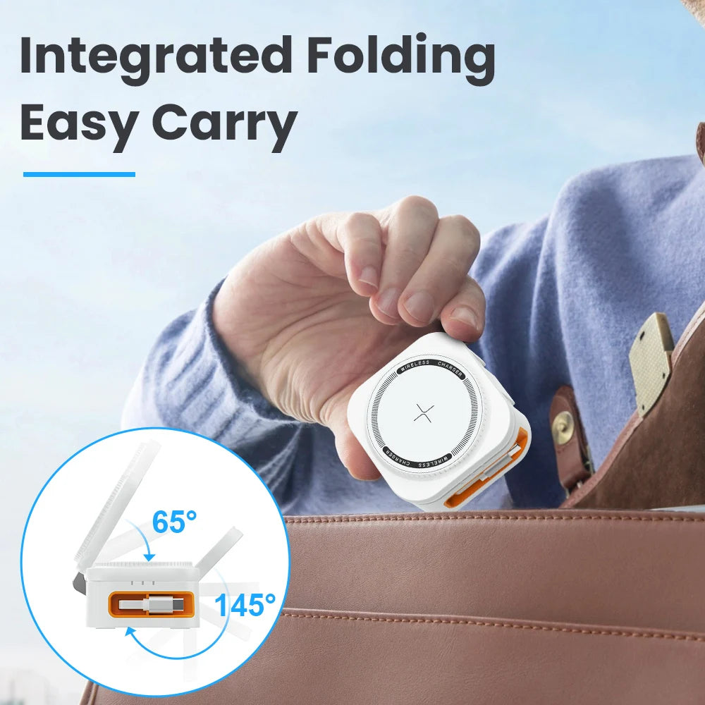 3-in-1 Portable 15W Wireless Charging Cradle with Retractable Cable Magasafe Magnetic Fast Charging Unit