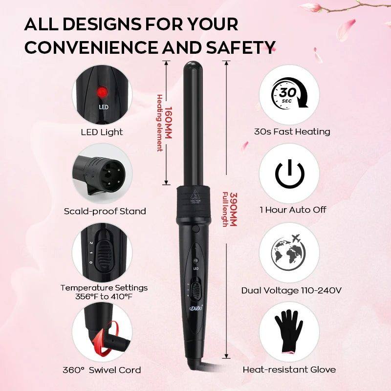 Interchangeable Curling Wand Set with Adjustable Temperature & PTC Heater Professional Hair Curling Iron for Salon Home Travel