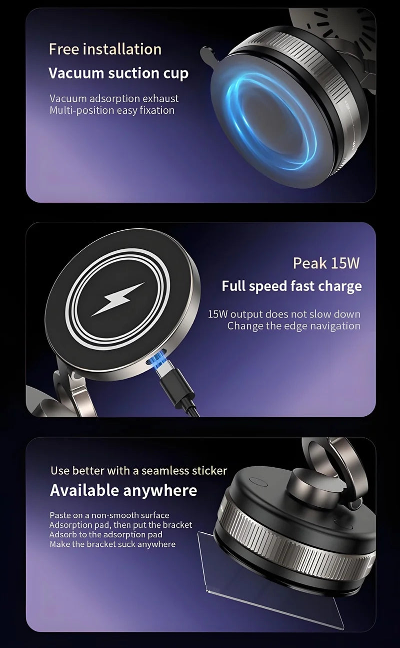 15W Metal Vacuum Suction Magnetic Wireless Charger Mount 360° Rotatable Compatible with  Smartphones, for Car Gym Bathroom Mirro