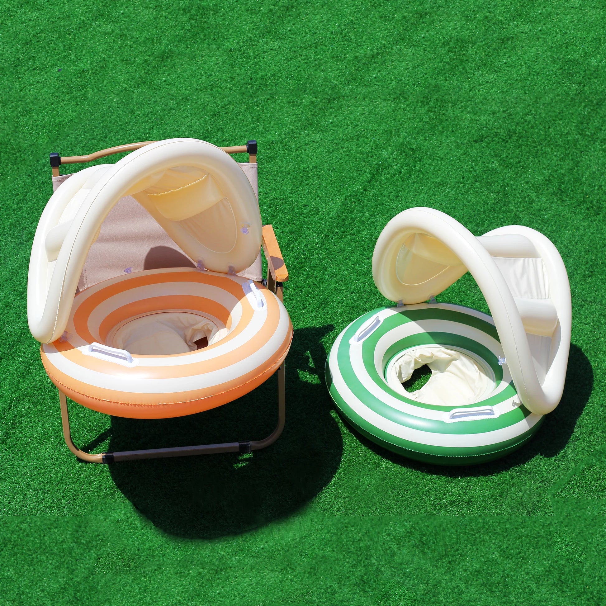 1 Pc Striped Pool Float Ring with Handles, Inflatable Swim Tube with Canopy Sunshade