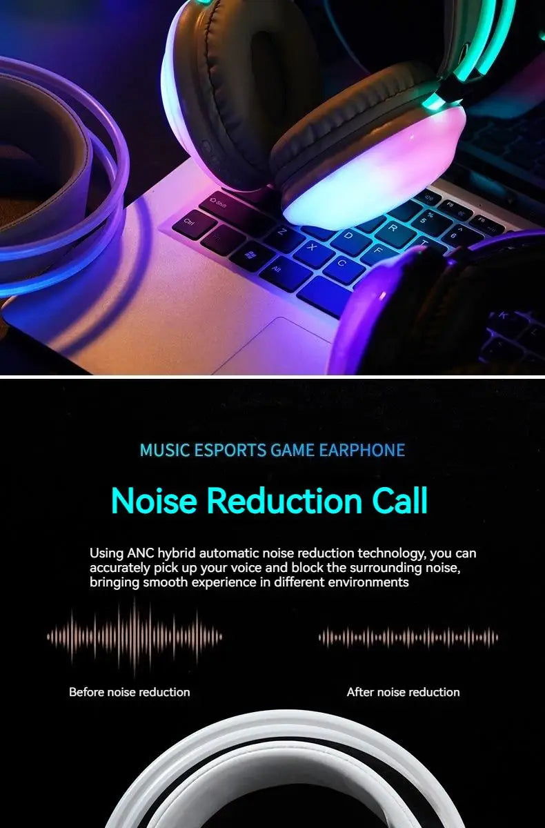 Gamer Wireless Bluetooth Headphones RGB Flowing Colorful Lamp Head Earphone Hifi Stereo Noise Reduction Gaming Headsets With Mic
