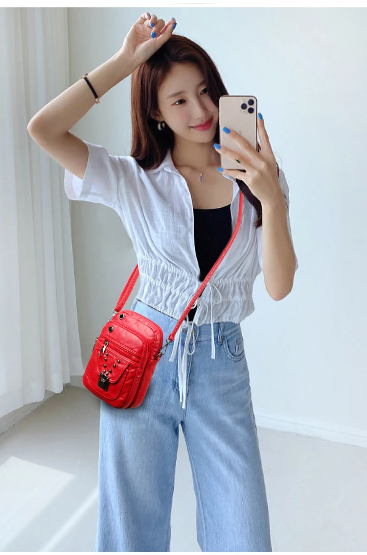Mobile Phone Bag for Women 2024 New Fashion Soft Leather Diagonal Straddle Small Bag Multi layered Mini Zero Wallet Versatile Li
