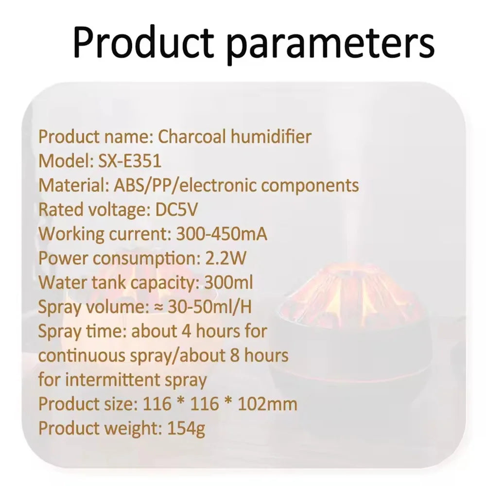 Charcoal Flame Humidifier Aromatherapy Essential Oil Diffuser 300ml Mist Ultrasonic Humidifier for Bedroom Office Night Light