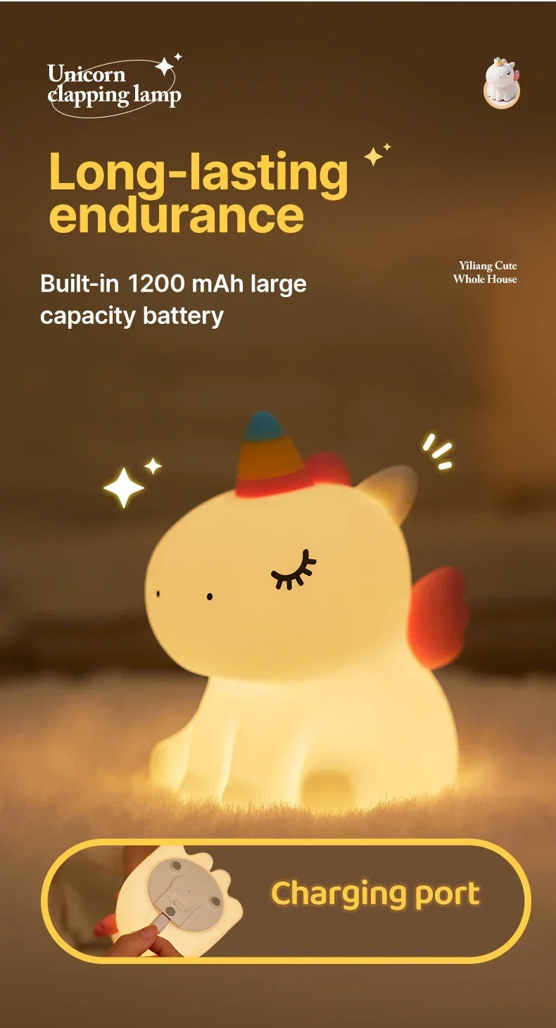 Cartoon Unicorn Night Lamp Soft Silicone Pat Light Warm Light Eye Protection Night Reading Lamp Desktop Kid's Room Decoration