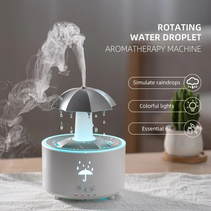 Cloud Rain Rotating Umbrella Water Drop Aromatherapy Machine Air Humidifier Diffuser Fountain Water Drop 7-Color LED Night Light