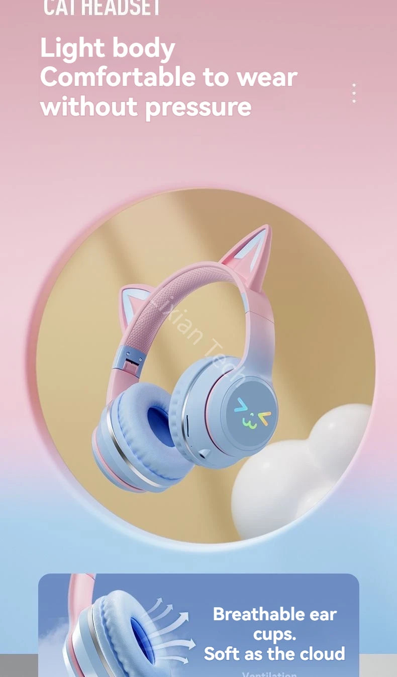 Flash Light Pink Cute Cat Ear Headphones Wireless Bluetooth Earphone Over-ear Noise Cancelling Folding Headset Girl Gift Earbuds