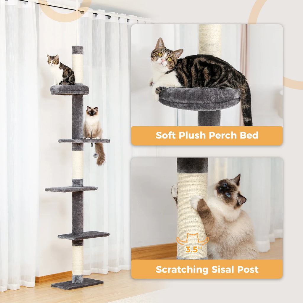 Adjustable Height Cat Tree for Indoor, Floor to Ceiling Cat Tower with Scratching Posts, Cat Scratcher Furniture, Kitten Toys