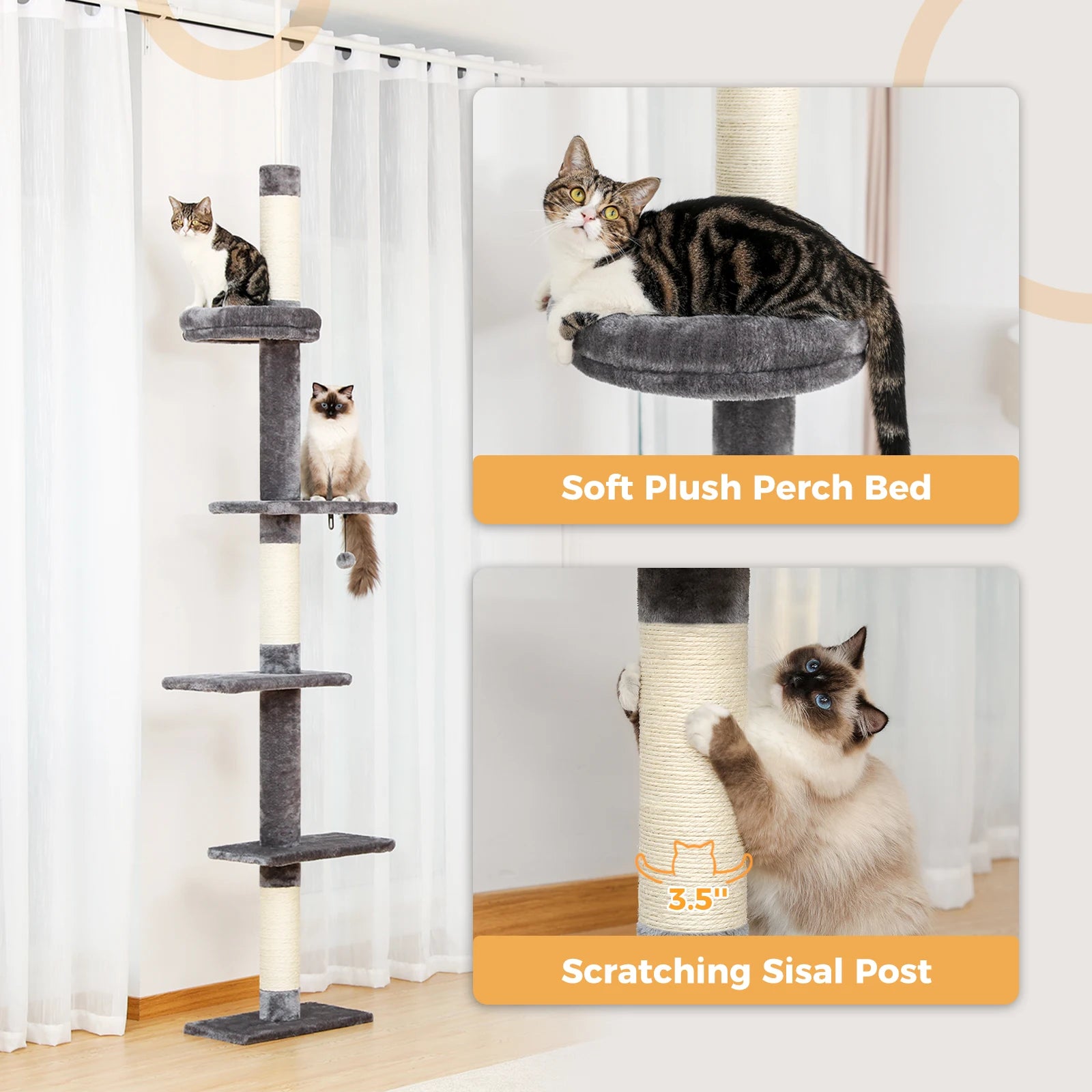 Adjustable Height Cat Tree for Indoor, Floor to Ceiling Cat Tower with Scratching Posts, Cat Scratcher Furniture, Kitten Toys