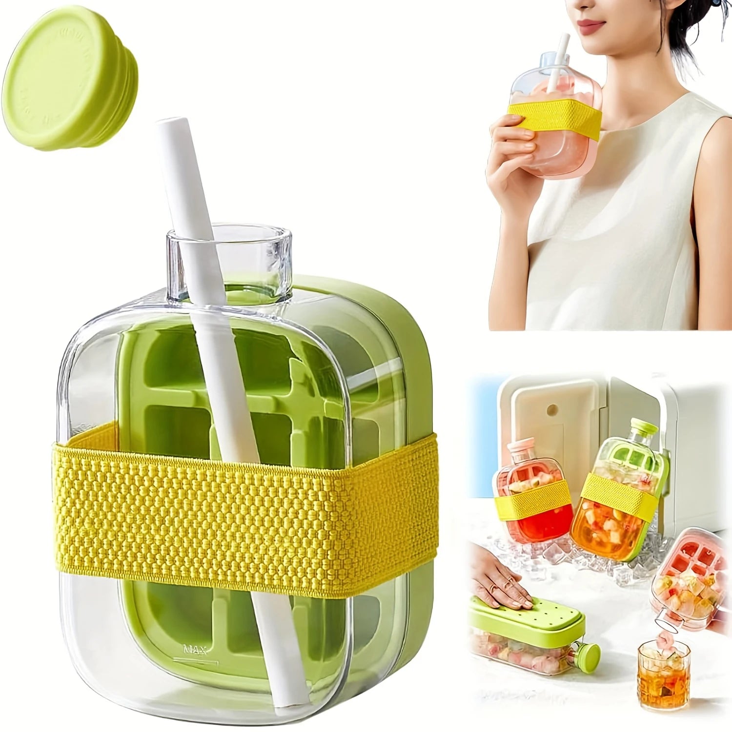 Silicone One-click Ice Mold Bottle Cooler Cup with Straw Ice Cube Tray with Lid for Freezer Creative NO TOUCH Mould for Summer