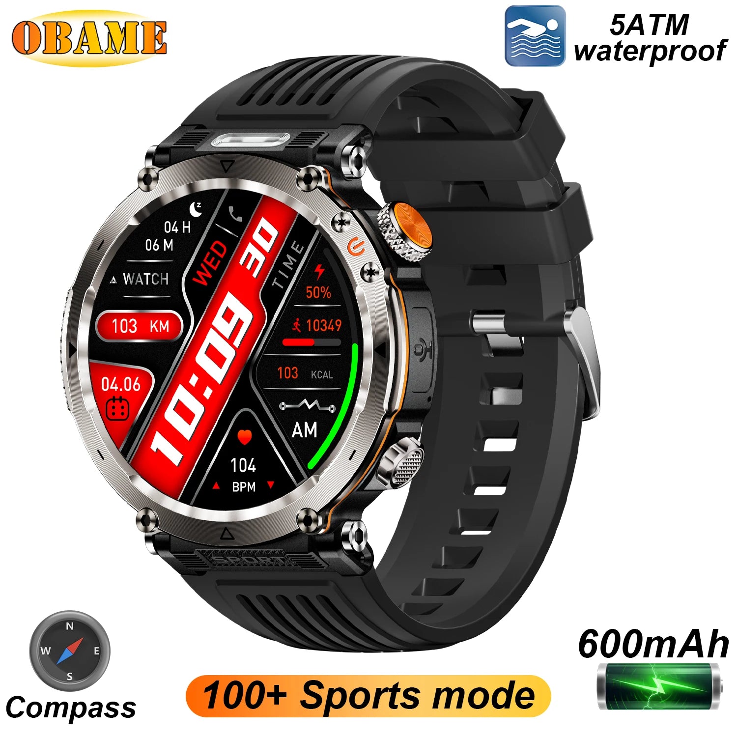 5ATM Outdoor Smart Watch Men 600mAh LED Flashlight SmartWatch Compass Bluetooth call Heart rate IP 68 Sports Smartwatch 2025 New