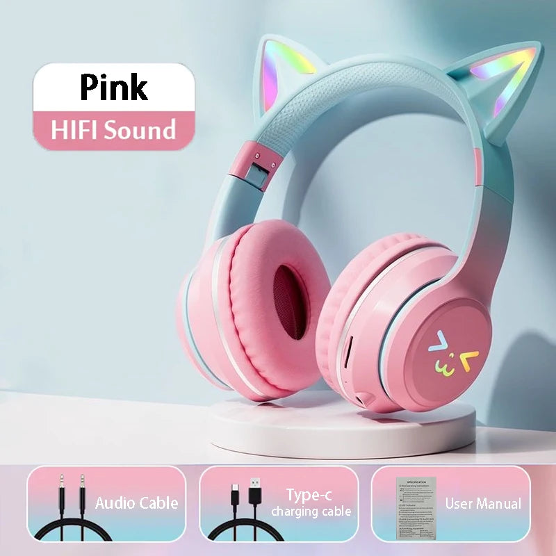 Flash Light Pink Cute Cat Ear Headphones Wireless Bluetooth Earphone Over-ear Noise Cancelling Folding Headset Girl Gift Earbuds