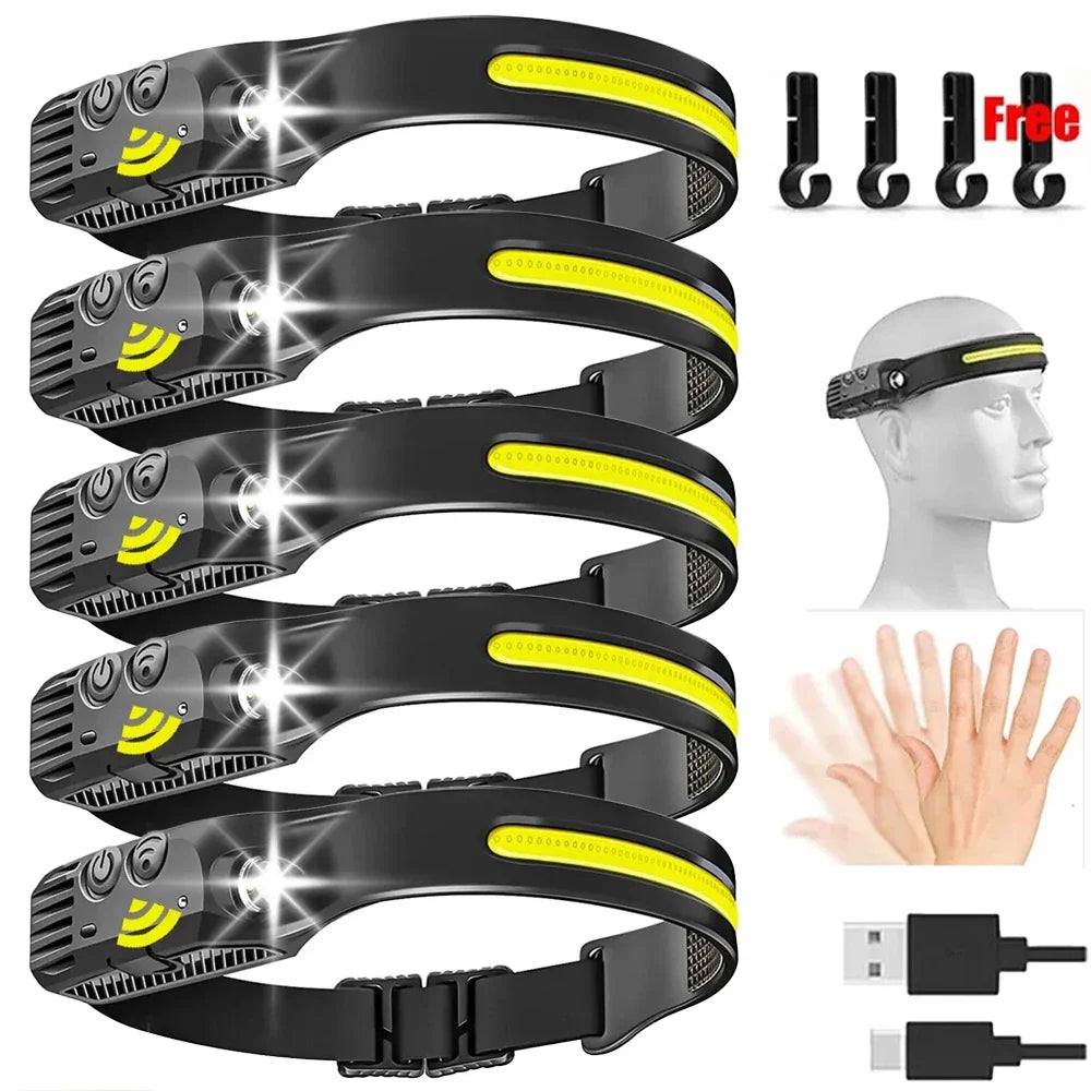 USB Rechargeable LED Sensor Headlamp COB Headlight Head Torch Work Light Waterproof Headlamp for Fishing Camping Lantern