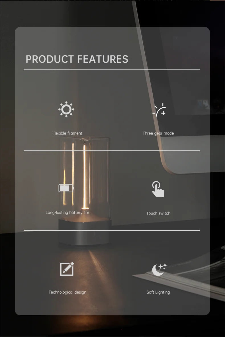 LED Minimalist Cordless Table Lamps 3 Levels Dimmable Rechargeable Camping Atmosphere Light Magnetic Filament Wireless Lamp