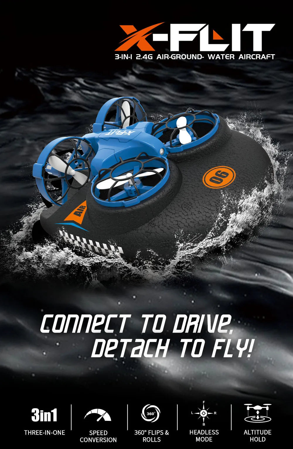 2.4G JJRC 4-rotor drone with multiple modes of gameplay, 360 ° rolling sea, land, and air three in one children's toy