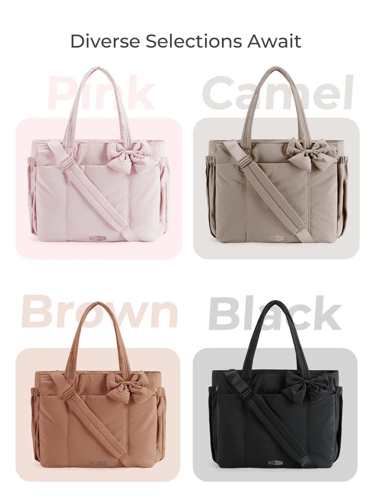 BAGSMART Padded Tote Bag With Bow Casual Quilted Padded Women Shoulder Bags Fit 15.6in Laptop Large Capacity Yoga Gym Bags