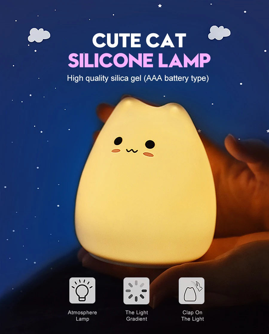 Cute Cat Night Light For Baby Kids Cartoon 7 Colors Silicone Sleeping Lamp Touch Sensor Table Lamp For Home Bedroom Decoration