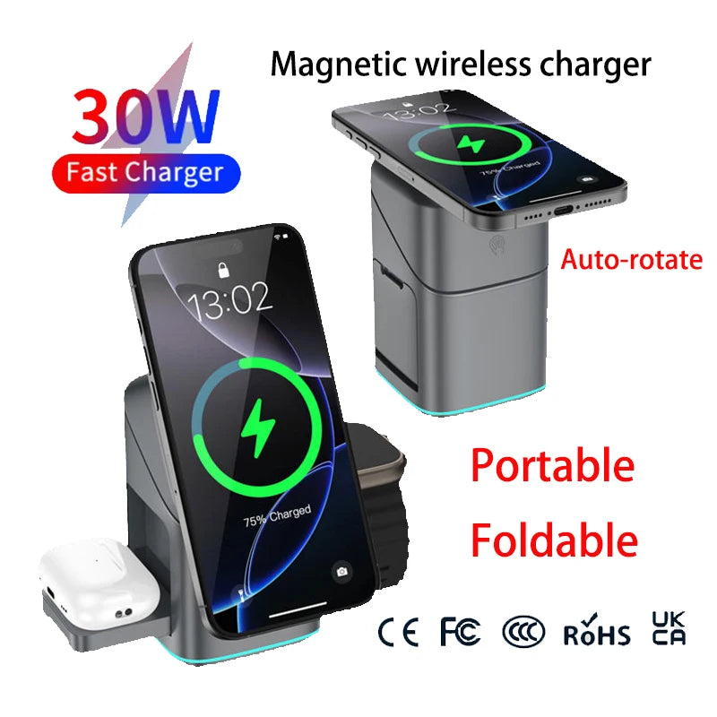 2025 Newest Universal Magnetic Charging Stand 30W Cube Rotational 3 in 1 Touch Auto Rotation Wireless Charger With Light