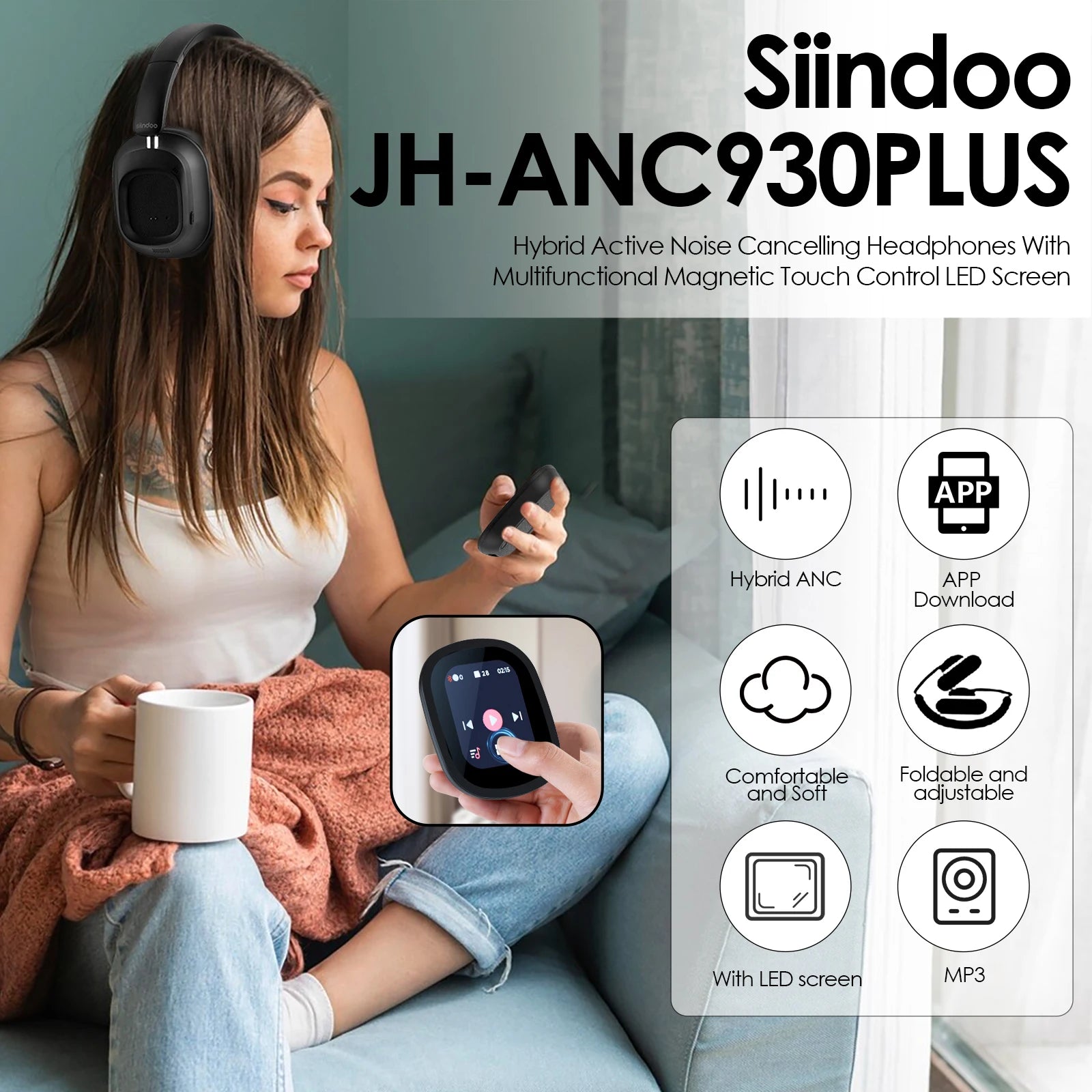 Siindoo JH-ANC930Plus Active Noise Cancelling Headphones, Hybrid Wireless Headphone With Multi Magnetic Touch Control LED Screen