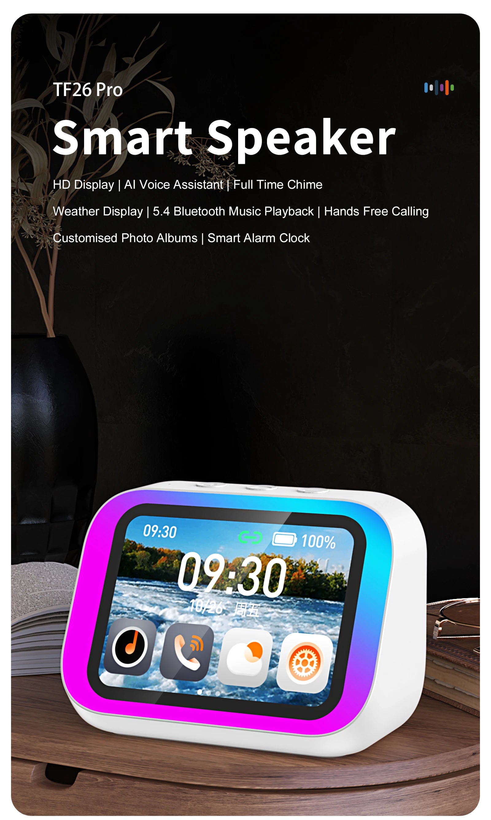 AI Smart Bluetooth 5.4 Speaker Voice assistant HDTouch Screen Display Electronic Album Alarm Clock Hi-fi Stereo Sound