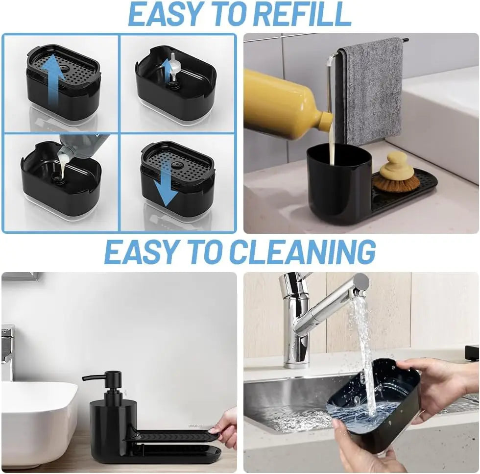 Kitchen Soap Dispenser Set, Kitchen Sink Soap Dispenser, Dish Soap Dispenser with Sponge Rack, Rag Rack and Tray, 4-in-1 Storage