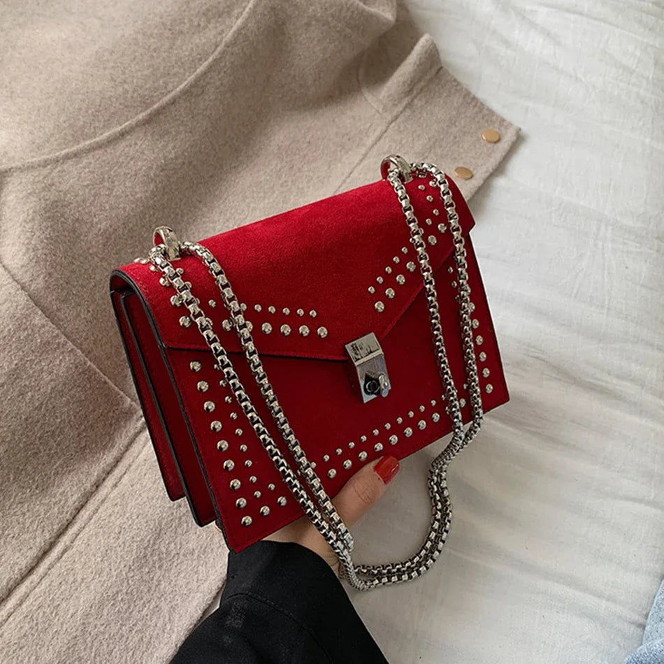Scrub Leather Brand Designer Shoulder Simple Bags For Women Chain Rivet Luxury Crossbody Bag Female Fashion Small Handbags