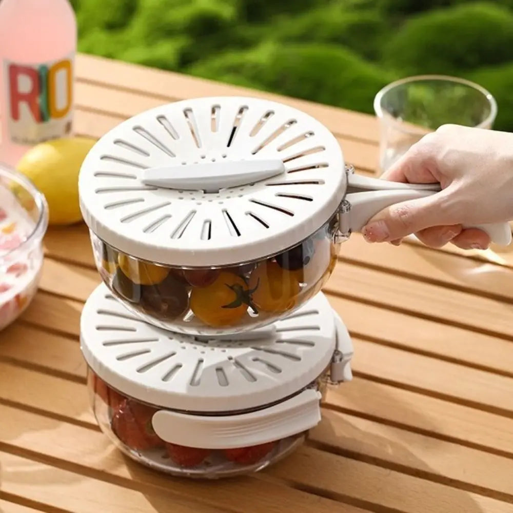 Folding Handle Rice Washing Drain Basket Multi-function with Lid Fruit Vegetable Washing Bowl 2 In 1 Plastic Fruit Strainer
