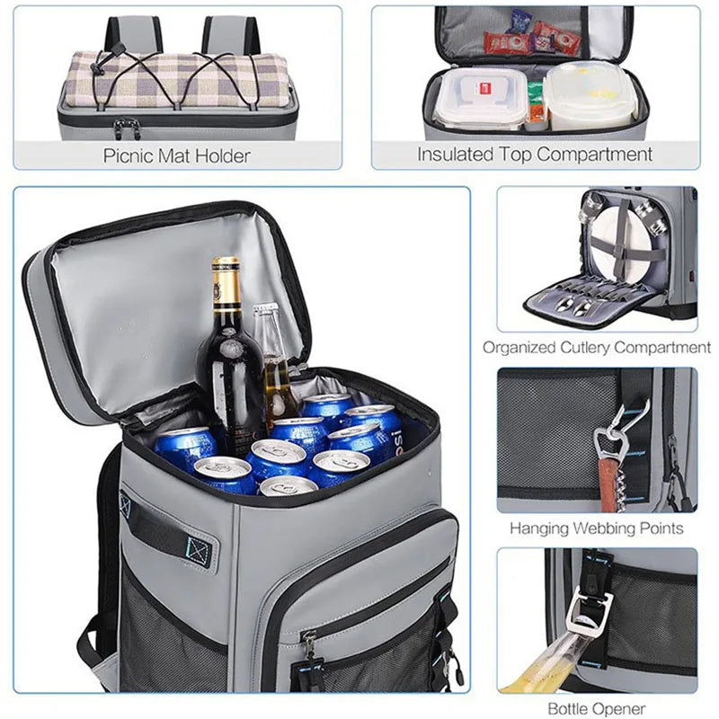 30L Waterproof Insulated Backpack Camping Fishing Pack Keep Food Hot Cold Lunch Rucksack Outdoor Travel Beach Picnic Thermal Bag