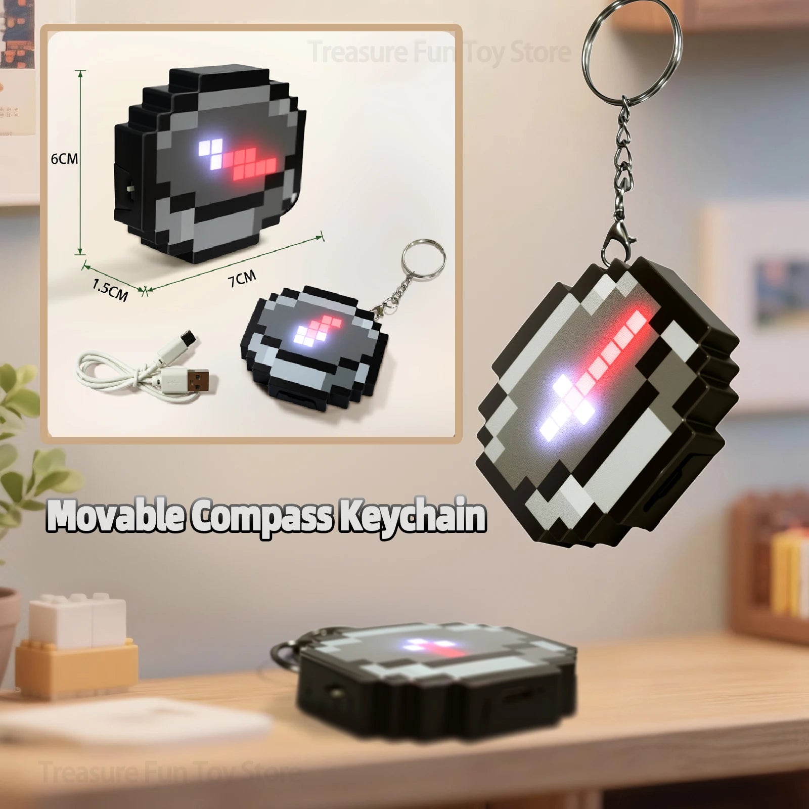 Rechargeable Compass Pixel Wind Peripheral design Toy trinket Use Movable Compass  Keychain Pendant Real-world Use Toys Gift