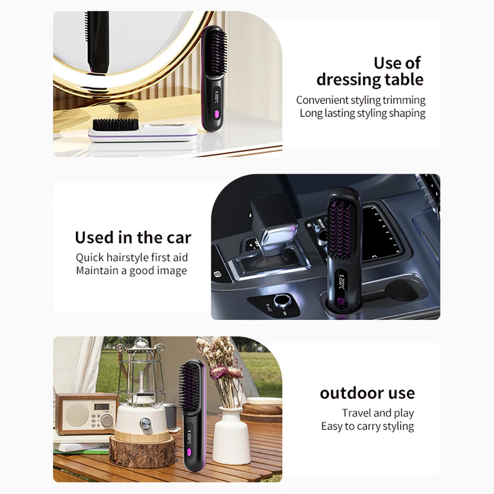 NEW Electric Ceramic Heating Straight Hair Comb Wireless Portable Negative Ion Styling Tool Rechargeable USB Straightening Brush