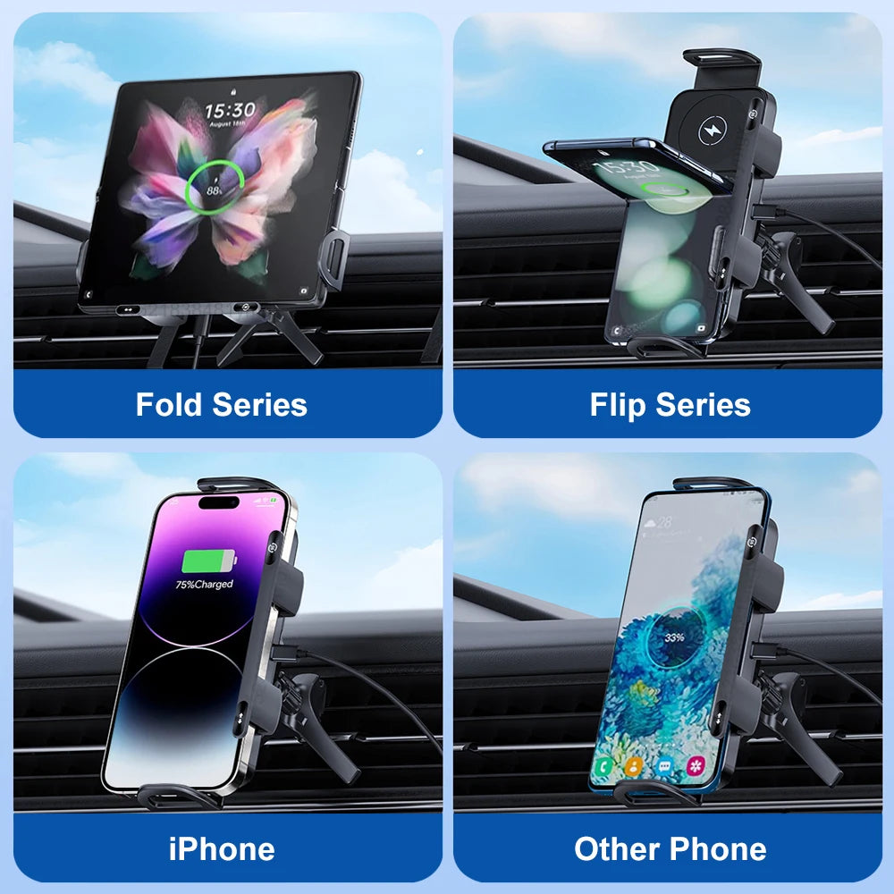 Car Wireless Charger DualCoil Fold Screen Car Phone Holder for Samsung Galaxy Z Fold 6 5 Flip 4 3 Fast Charging Vent Mount Stand
